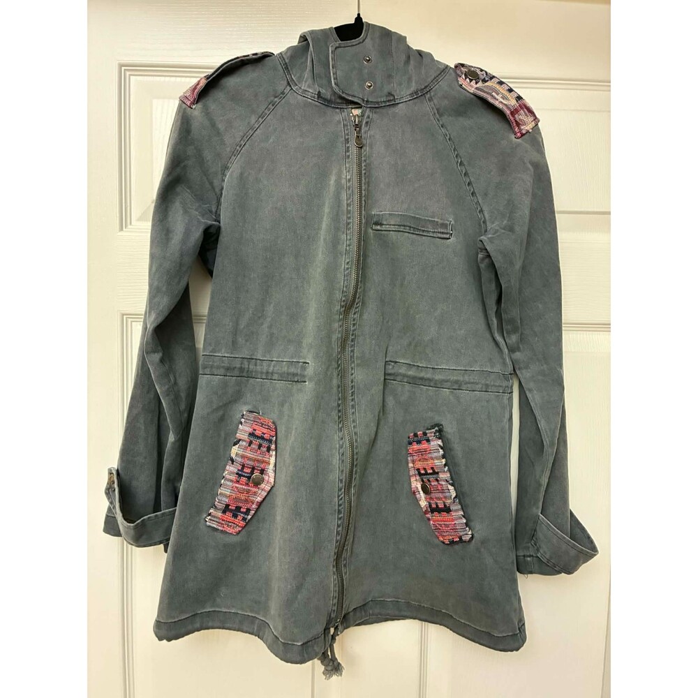 Sybilla Gray Hooded Jacket Embroidered Patch Pockets Zip Front Womens L